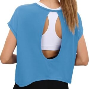 Totatuit Womens Open Back Workout Tops Crop Loose Fit Short Sleeve Tshirts
