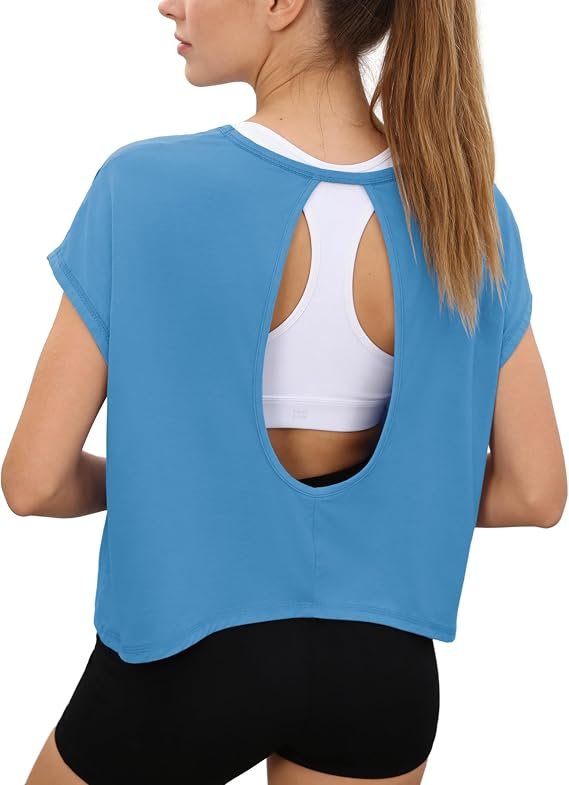 Totatuit Womens Open Back Workout Tops Crop Loose Fit Short Sleeve Tshirts