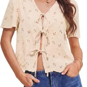 Totatuit Womens Cotton Tie Front Tops Boho V Neck Eyelet Shirt Embroidery Cute Summer Beach Vacation Outfit Flowy Cover Up
