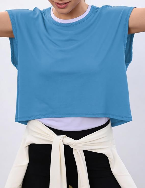 Totatuit Womens Open Back Workout Tops Crop Loose Fit Short Sleeve Tshirts - 图片 3
